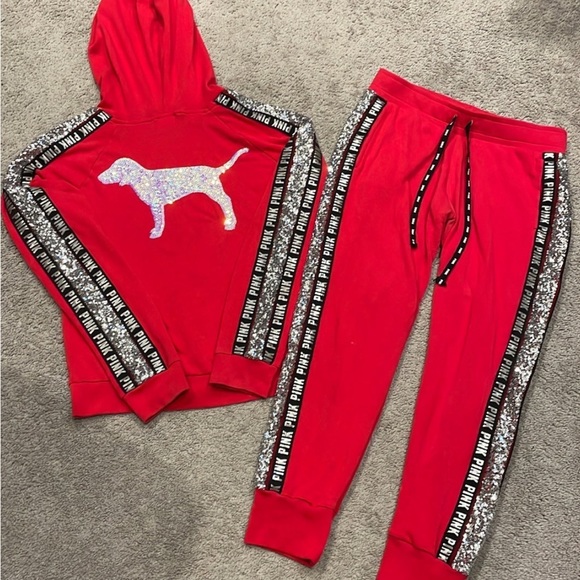 Victorias Secret PINK Red Mermaid Bling Zip Up Hoodie (L) and Jogger (M) Set - Picture 2 of 6